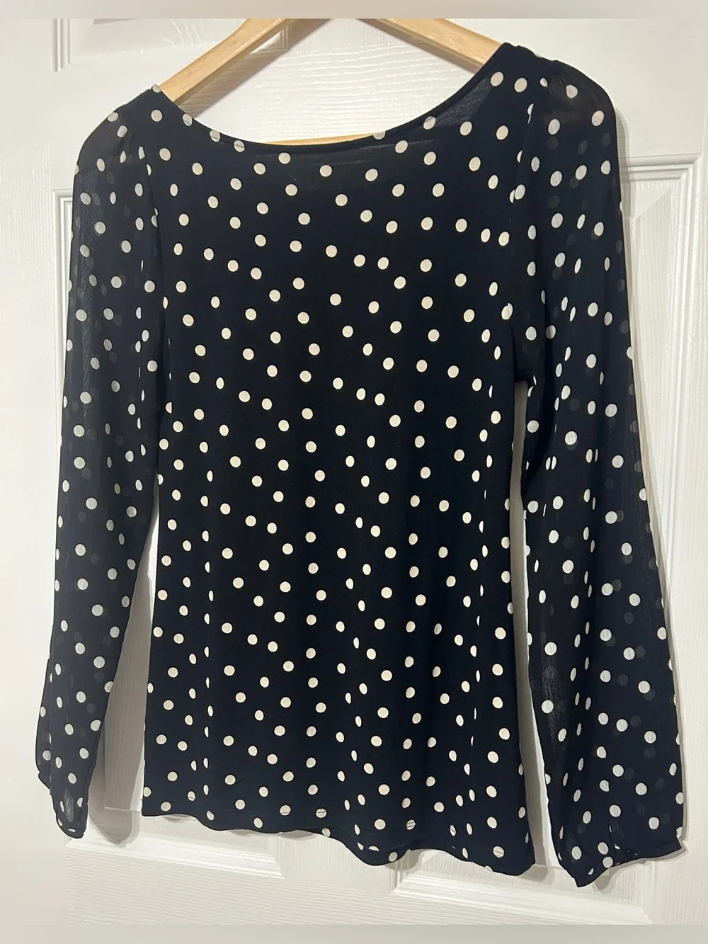 LOFT Women’s Black Beige Polka Dot Blouse Top Sheer Sleeves Size XS